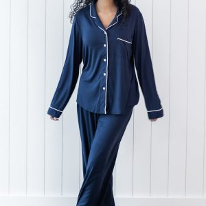 Long-Sleeved Women's Pajama Set in Navy with Cloud Trim