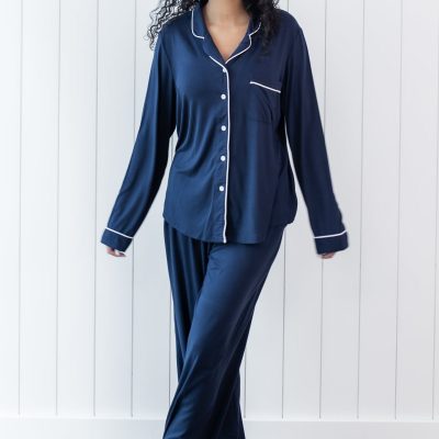Long-Sleeved Women's Pajama Set in Navy with Cloud Trim