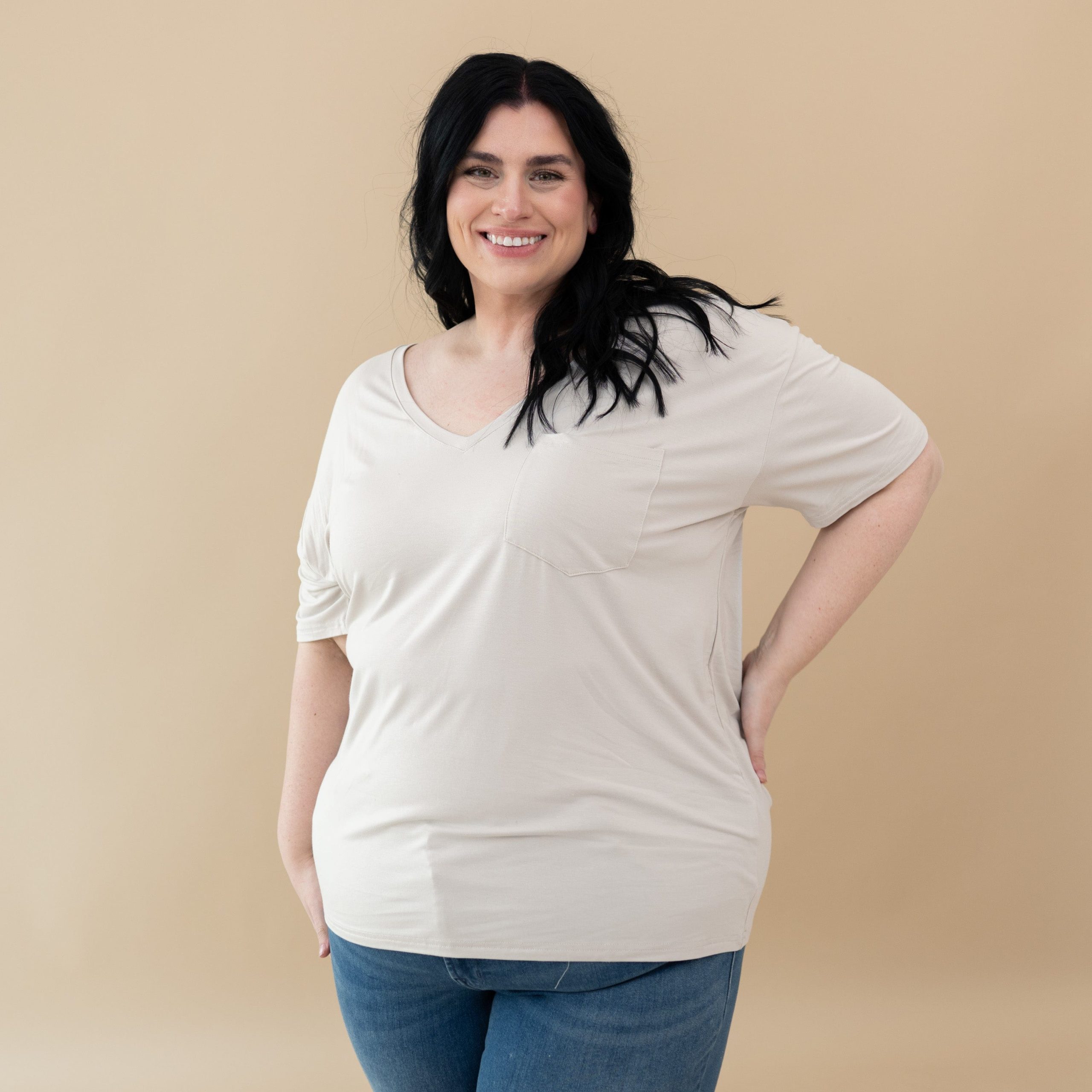 Womens Relaxed Fit V-Neck in Oat - Image 4