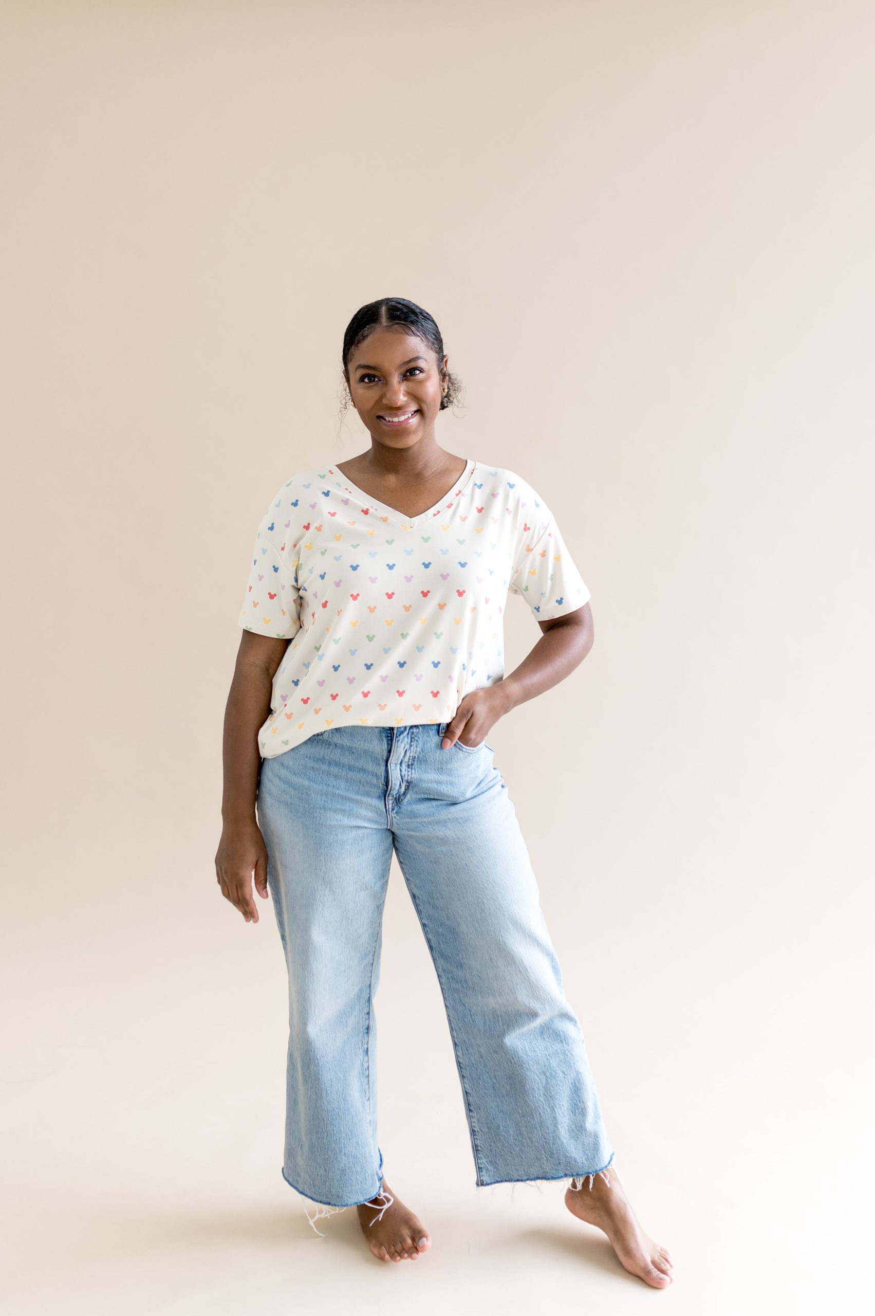 Women's Relaxed Fit V-Neck in Pastel Mickey Mouse - Image 4