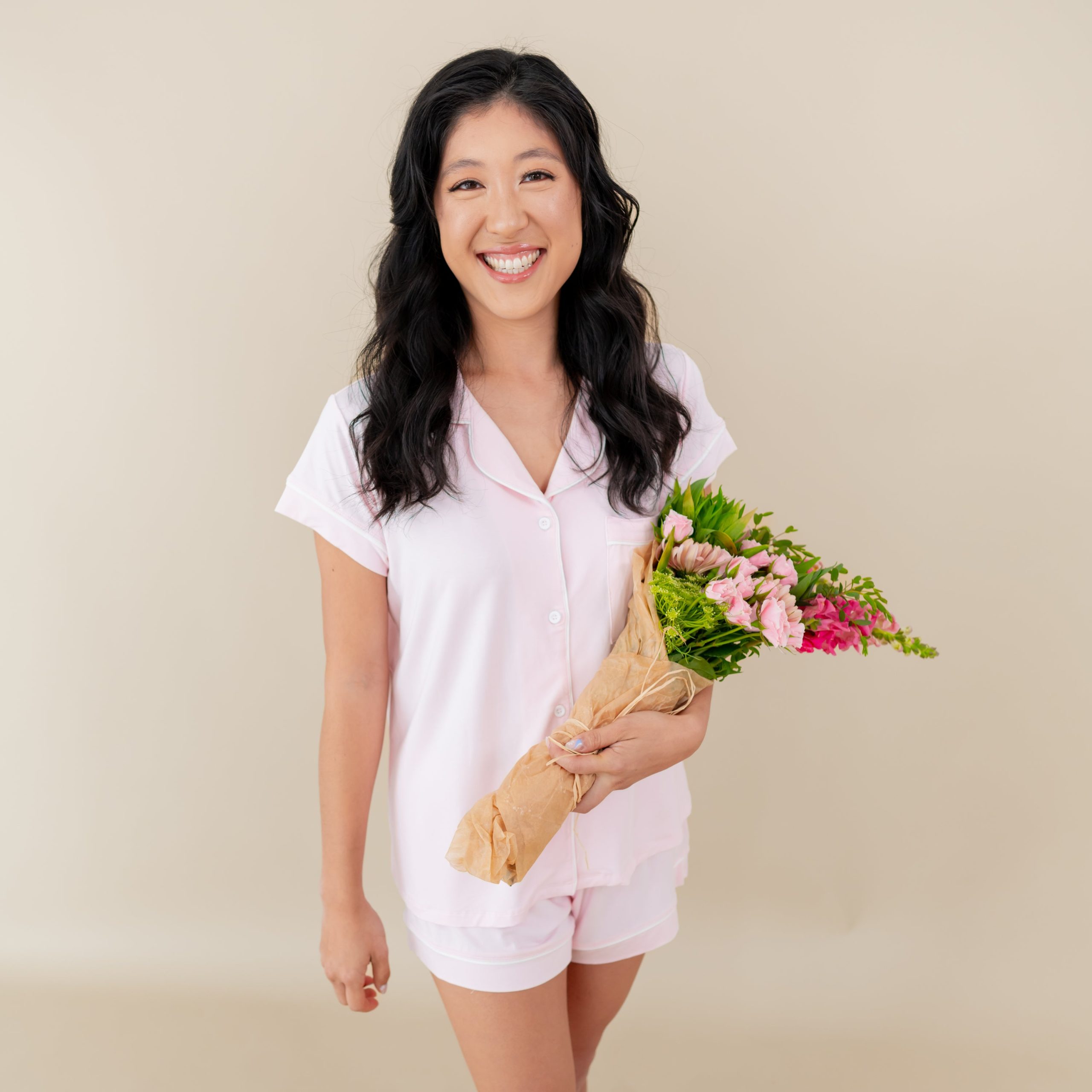 Womens Short Sleeve Pajama Set in Sakura with Cloud Trim - Image 2