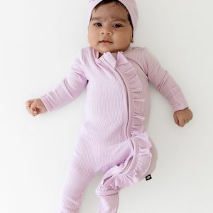 Ribbed Ruffle Zipper Footie in Thistle