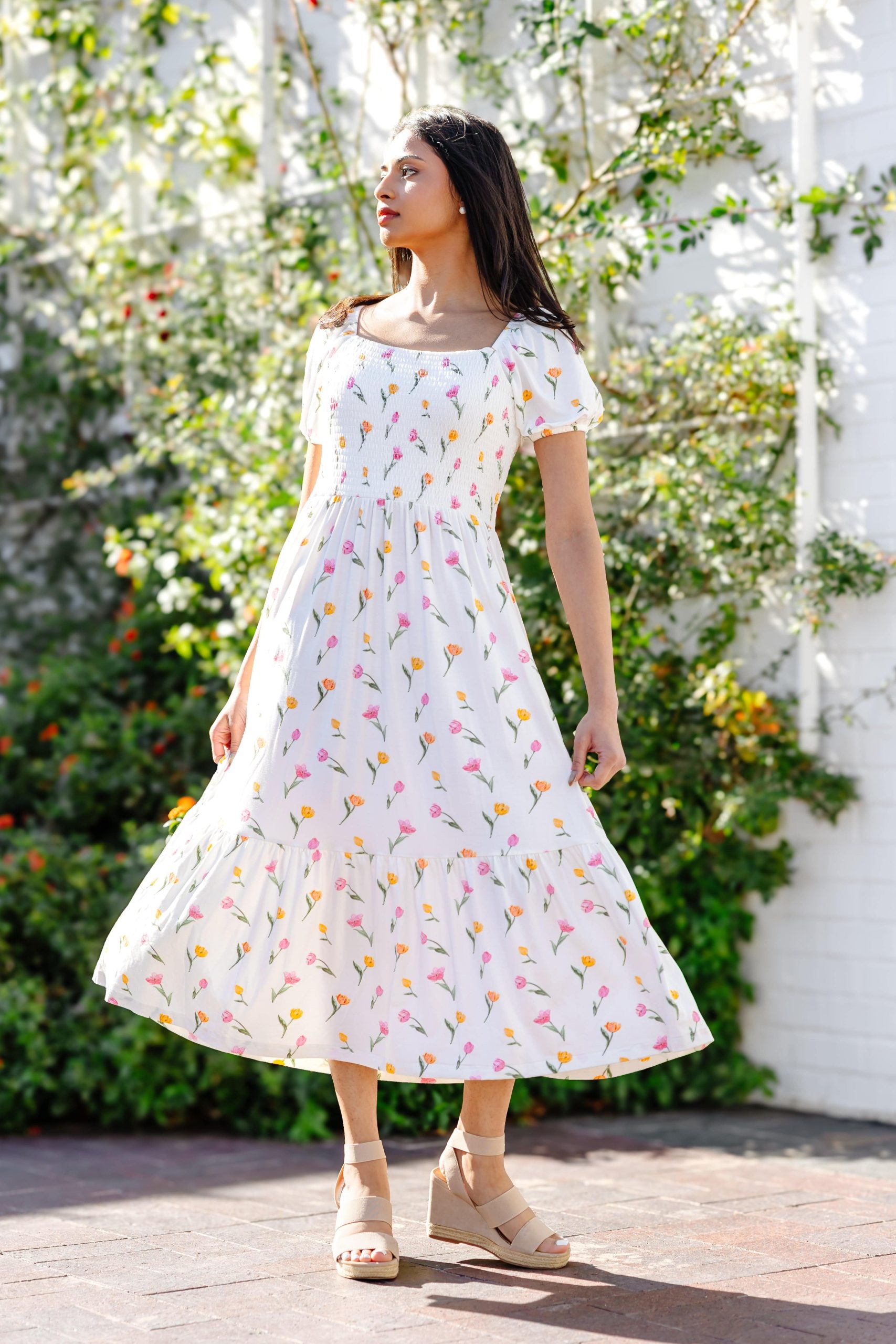 Womens Smocked Dress in Tulip - Image 5