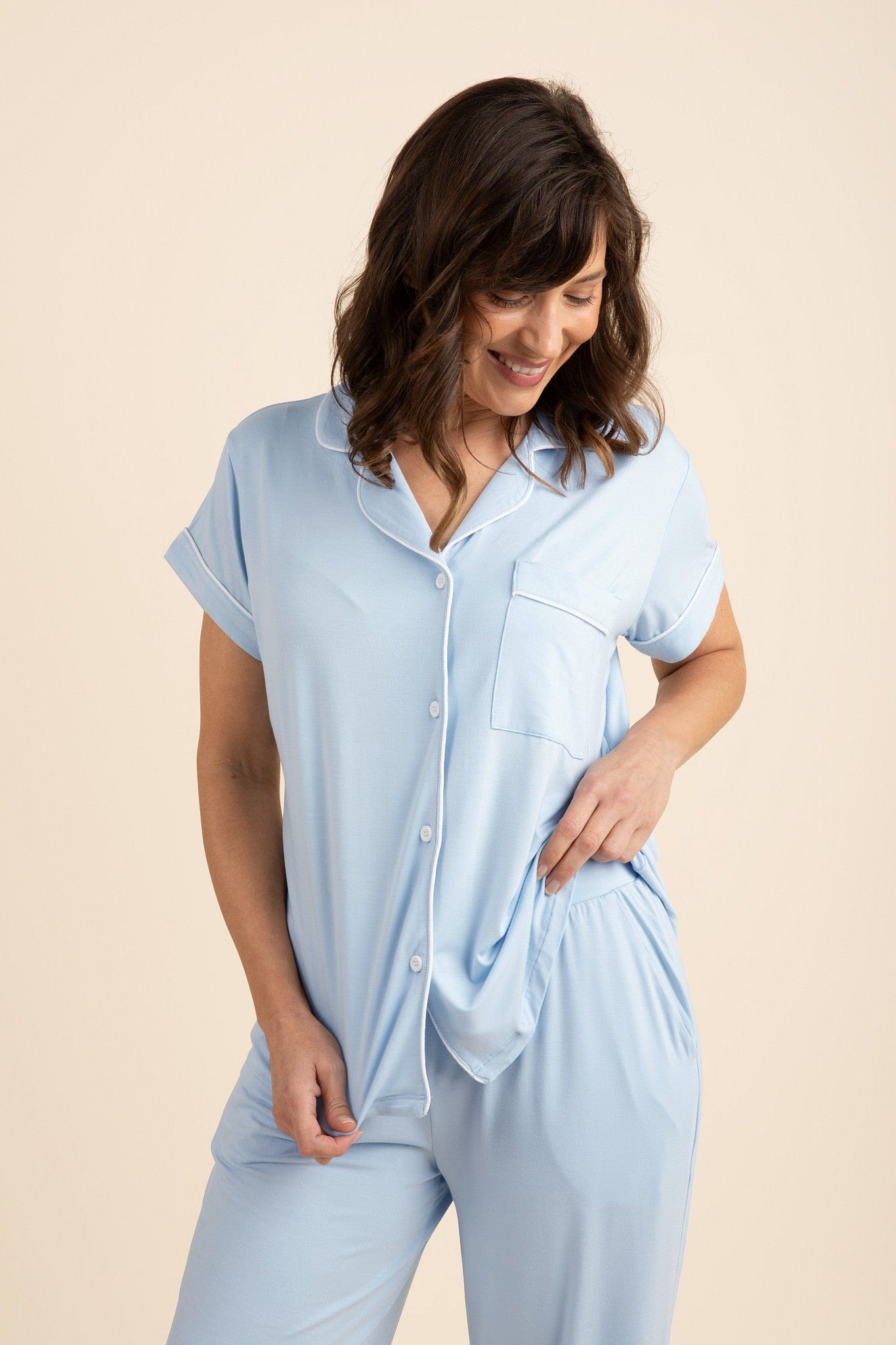 Women's Short Sleeve Cropped Pajama Set in Breeze - Image 2