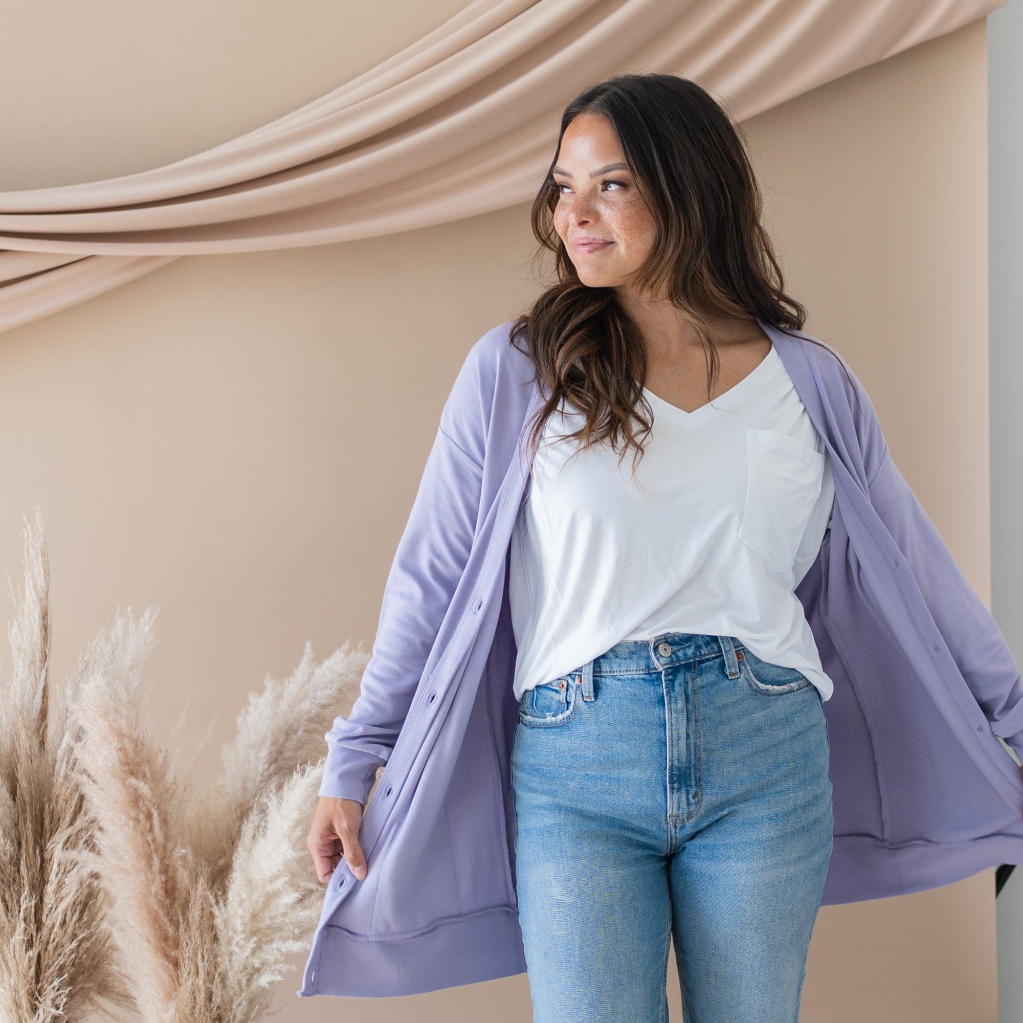 Bamboo Jersey Adult Cardigan in Taro - Image 2
