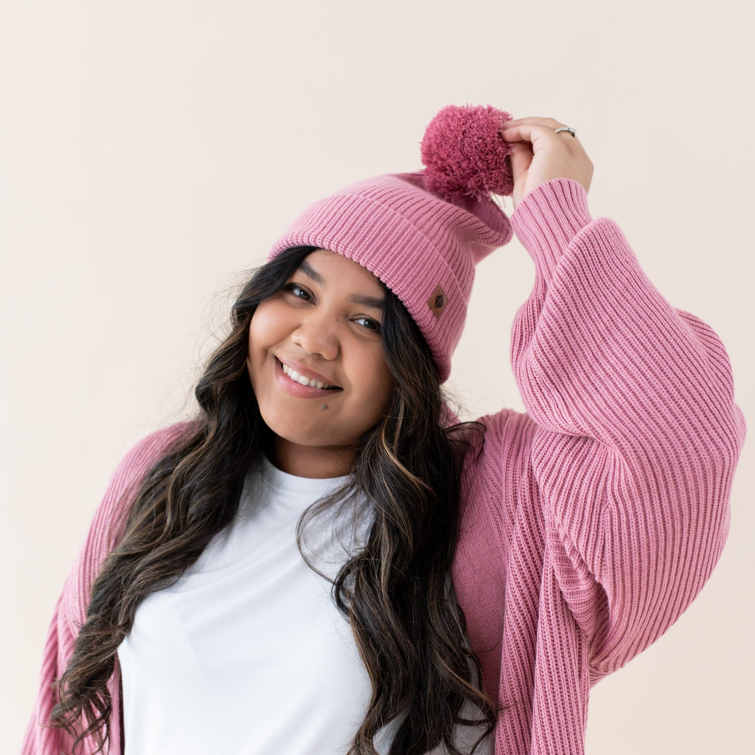 Chunky Knit Adult Pom Beanie in Apple Blossom - Image 3
