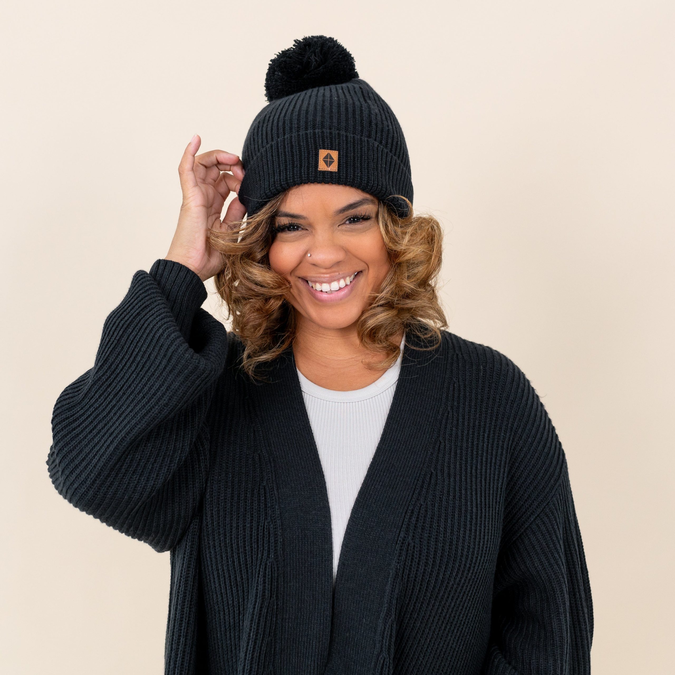 Chunky Knit Adult Pom Beanie in Midnight - Image 2