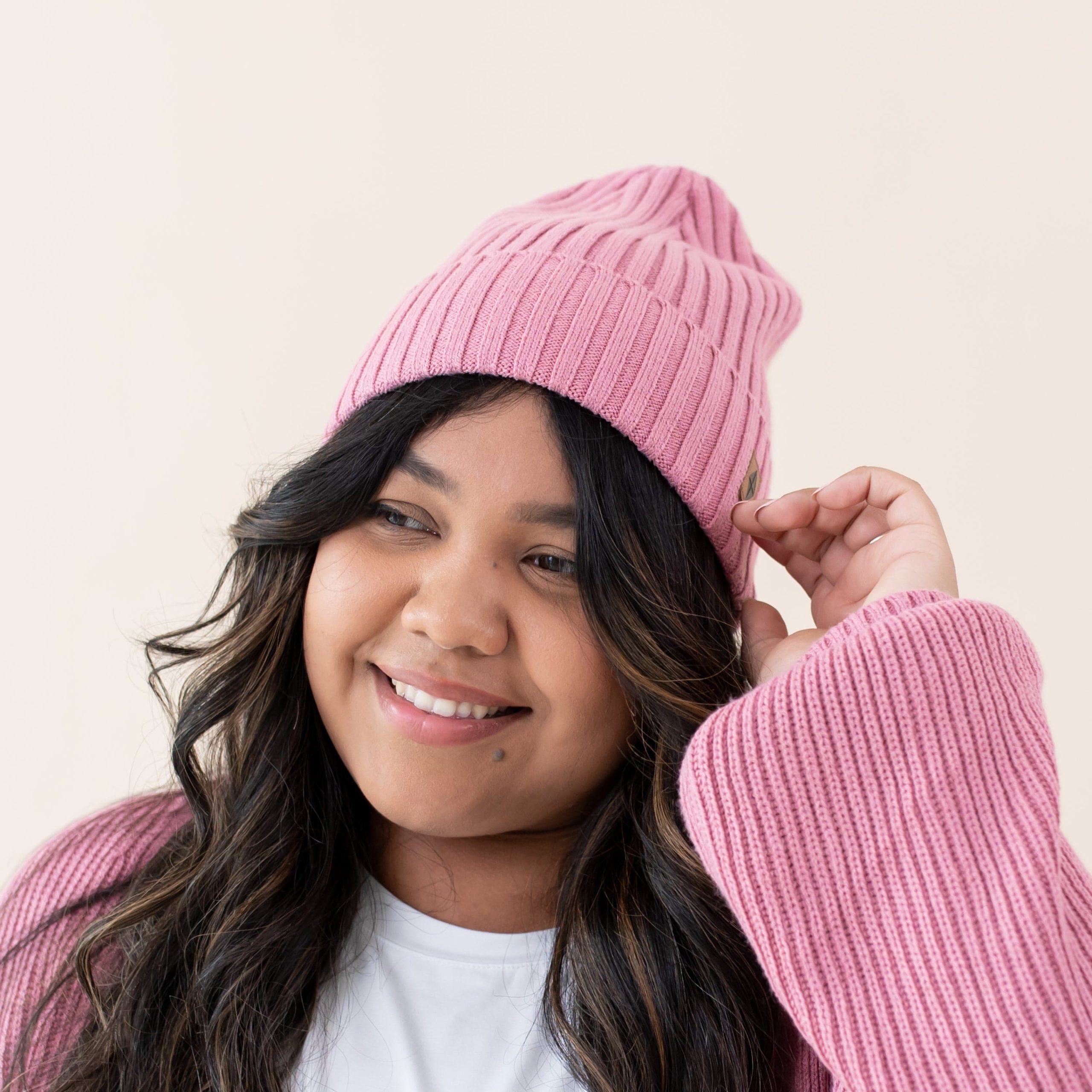 Chunky Knit Adult Ribbed Beanie in Apple Blossom - Image 2