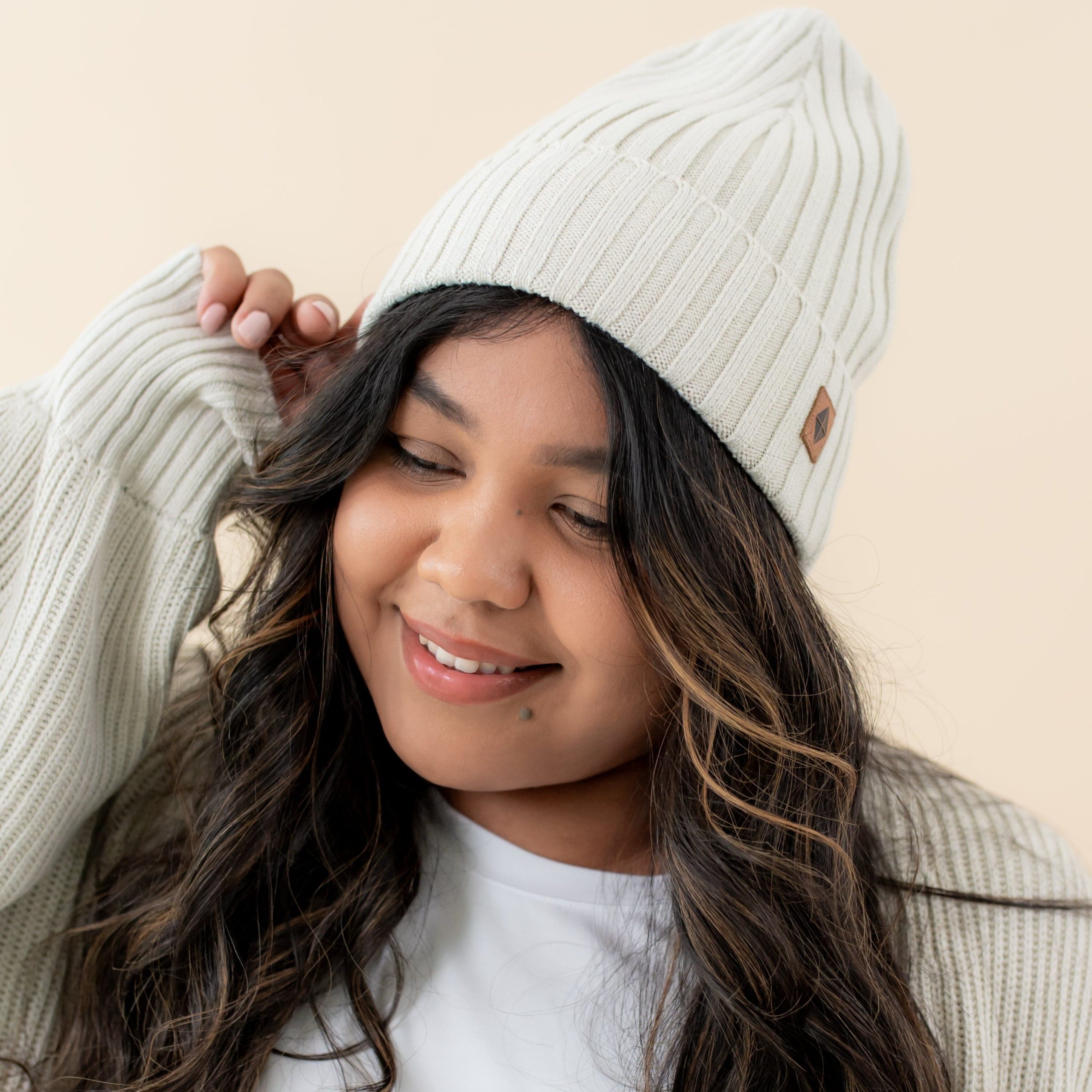 Chunky Knit Adult Ribbed Beanie in Oat - Image 3