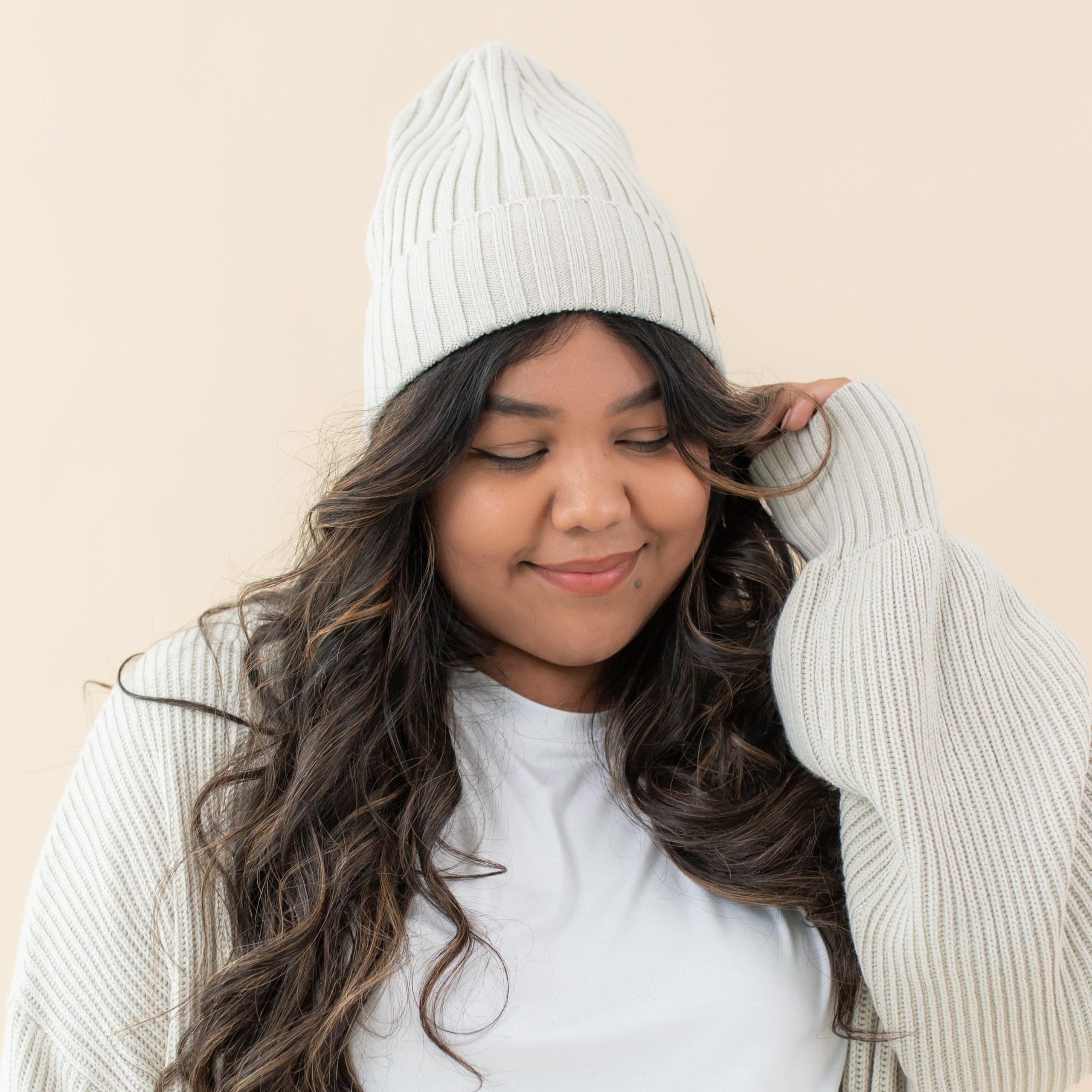 Chunky Knit Adult Ribbed Beanie in Oat - Image 2