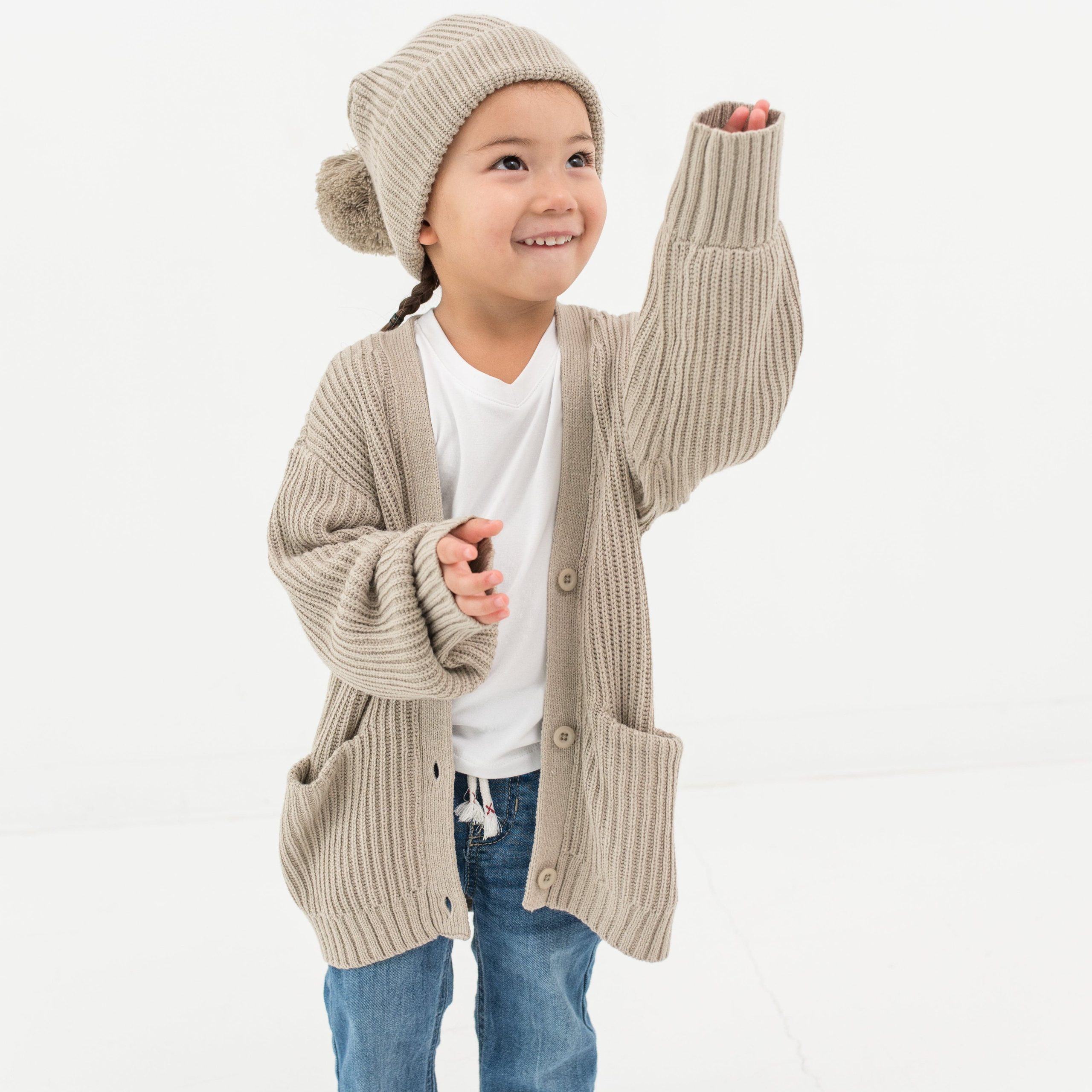 Chunky Knit Pom Beanie in Almond - Image 3