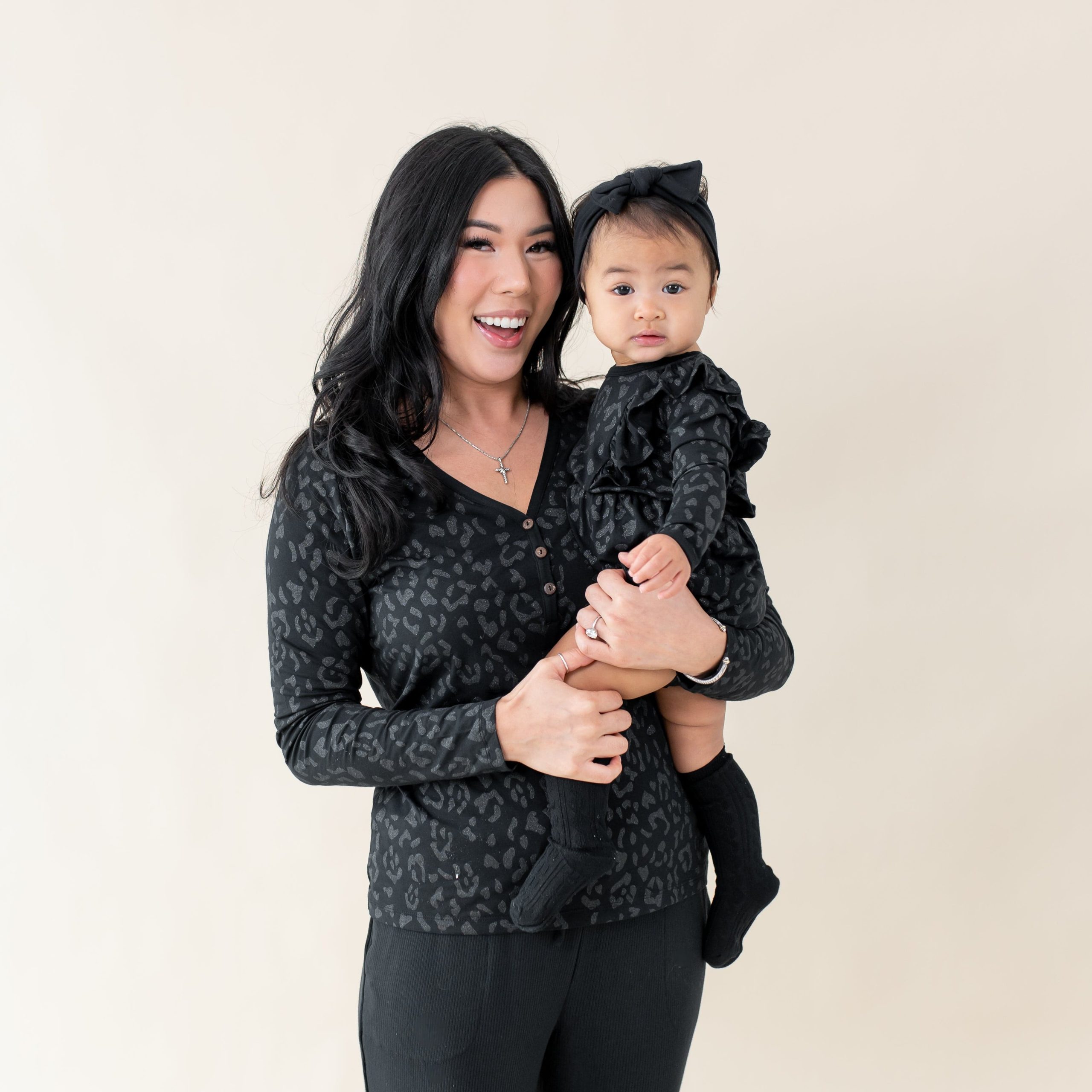 Women's Long Sleeve Henley Tee in Midnight Leopard - Image 2