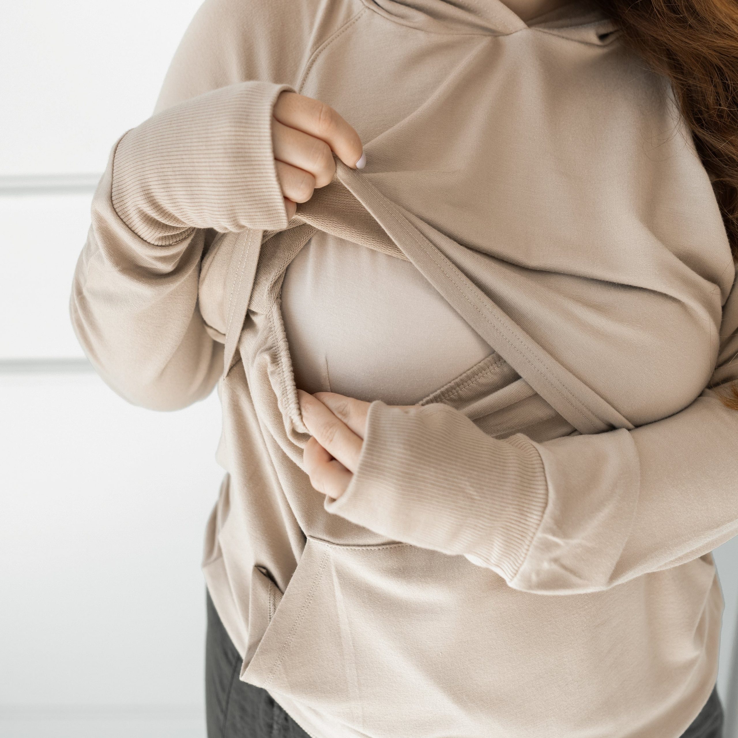 Women's French Terry Nursing Hoodie in Almond - Image 3
