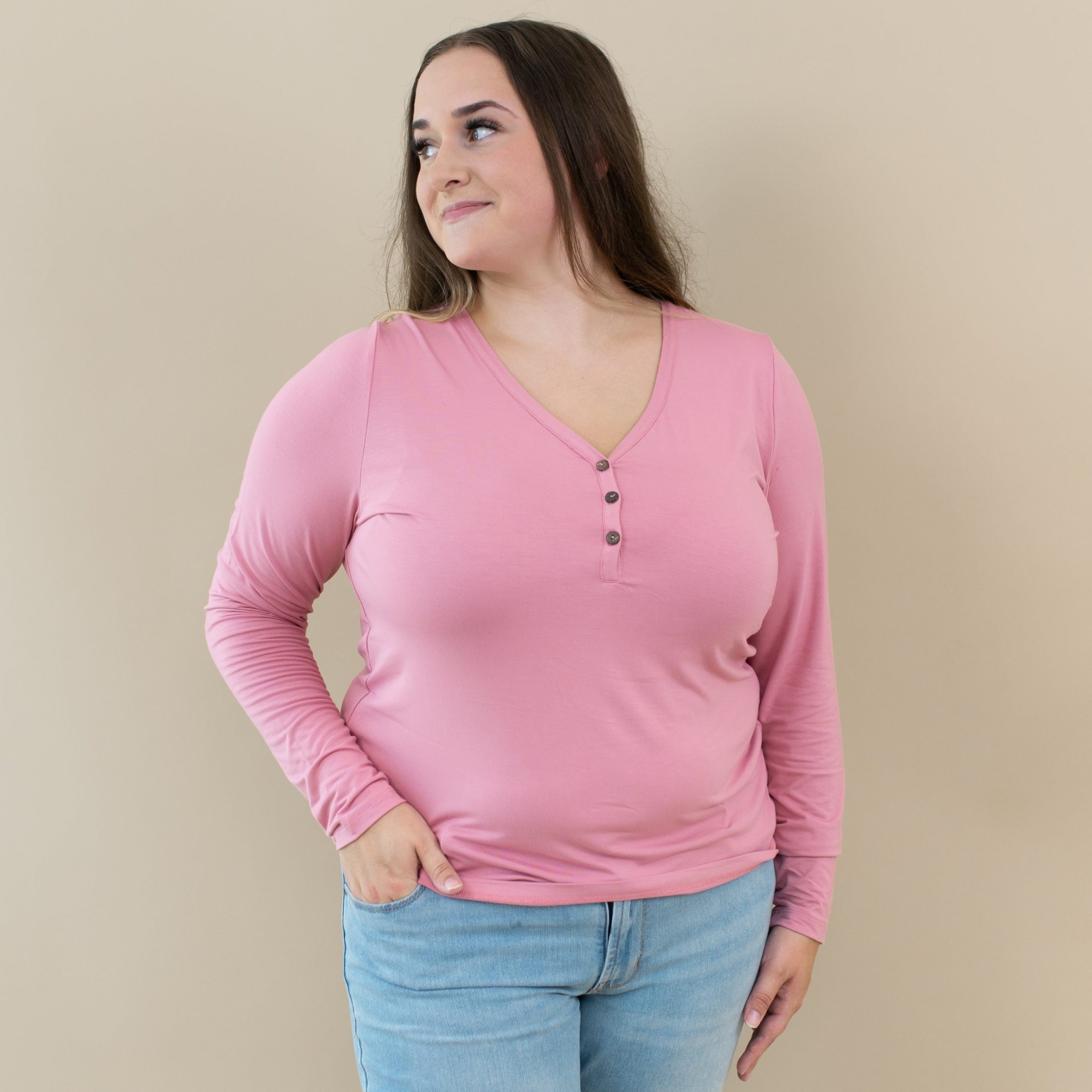 Women's Long Sleeve Henley Tee in Apple Blossom - Image 2