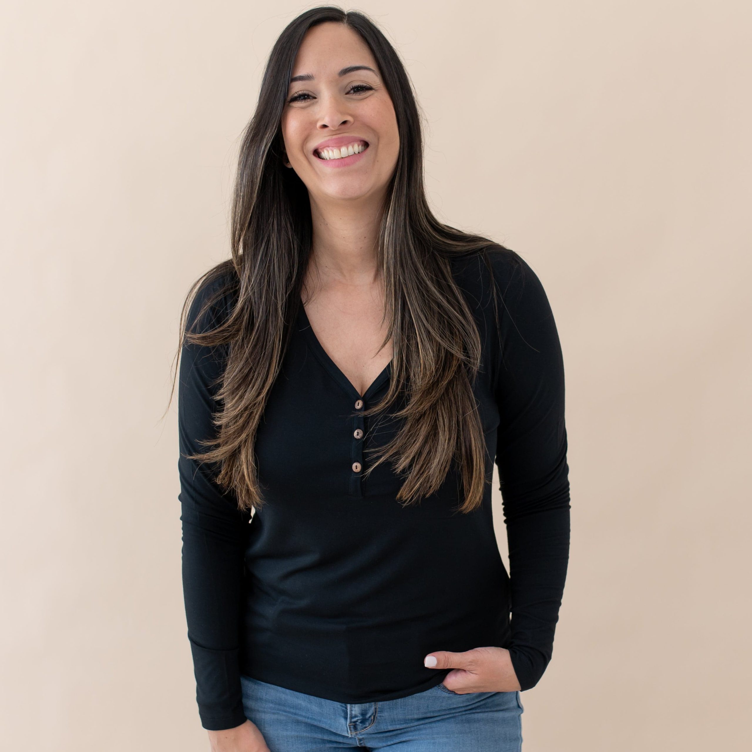 Women's Long Sleeve Henley Tee in Midnight - Image 3
