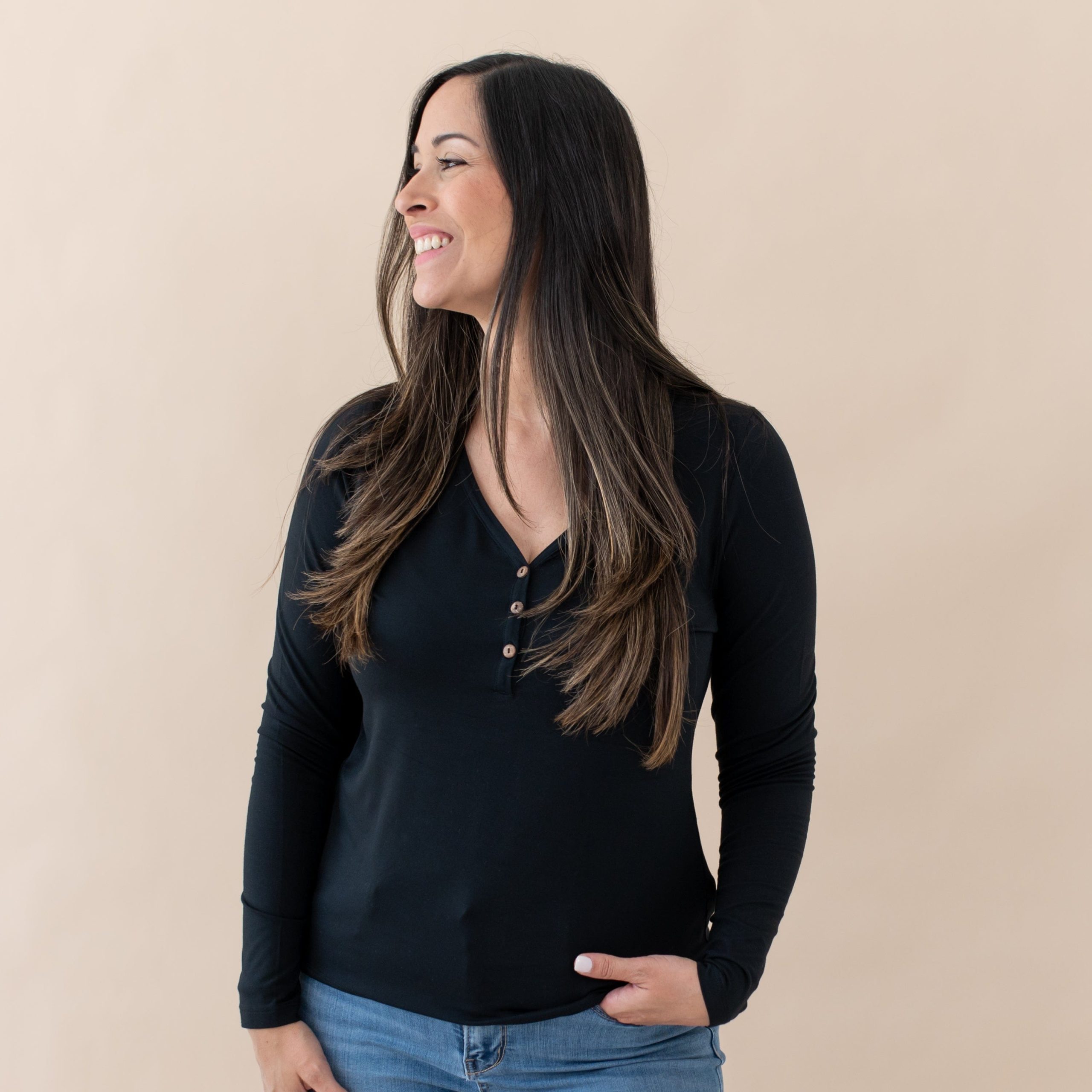 Women's Long Sleeve Henley Tee in Midnight - Image 4