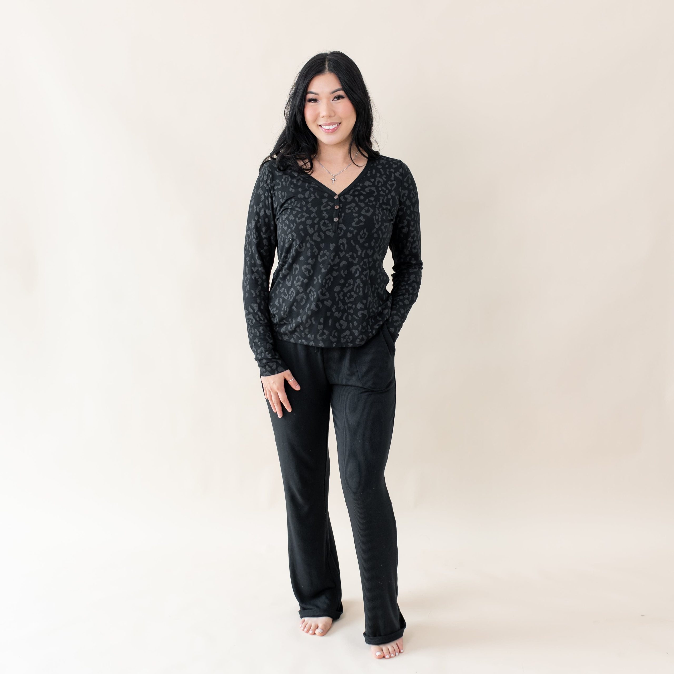 Women's Long Sleeve Henley Tee in Midnight Leopard - Image 3