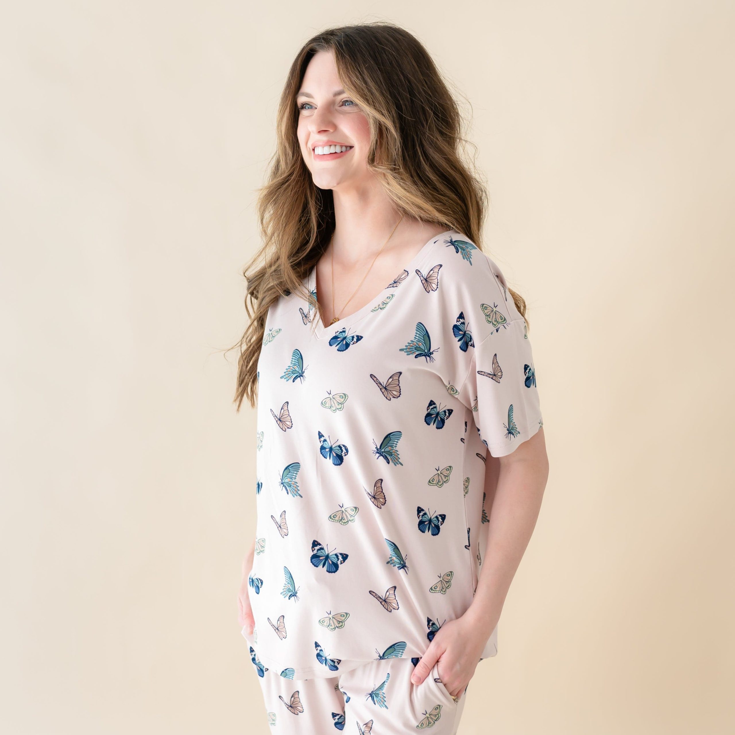 Women's Relaxed Fit V-Neck in Blush Butterfly - Image 3