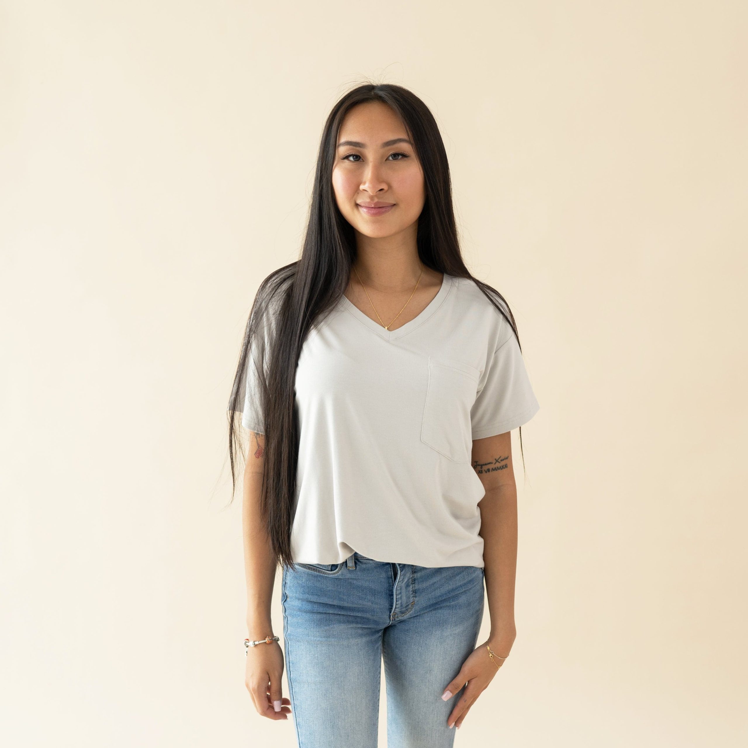 Womens Relaxed Fit V-Neck in Oat - Image 3